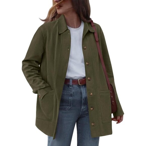 Tops - Women's Faux Leather Long Sleeve Green Button Down Jackets Coats Outerwear